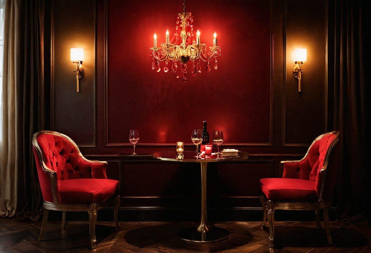 A sultry, intimate setting featuring a cozy dimly-lit room with soft shadows, where two silhouettes can be seen sharing a flirtatious glance over a glass of wine. Illustrate a sophisticated ambiance with elegant decor, candles, and plush seating to evoke a sense of romance and allure. Subtly incorporate elements of adult entertainment, like a tasteful magazine or a chic neon sign. Emphasize a color palette of deep reds and soft golds to enhance the seductive theme. super-realistic. vibrant colors. soft focus.