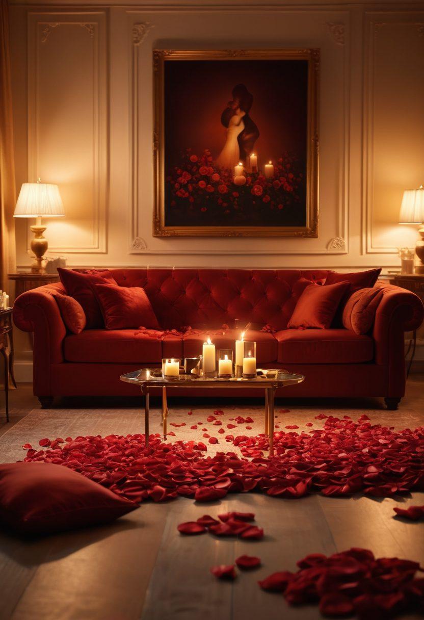 A warm, intimate setting with flickering candlelight casting soft shadows on plush, inviting furniture. Two silhouettes can be seen leaning in for a gentle kiss, surrounded by delicate rose petals and soft fabrics. The atmosphere should evoke a sense of deep connection and sensuality, with rich red and gold hues enhancing the romantic ambiance. super-realistic. warm tones. soft focus.