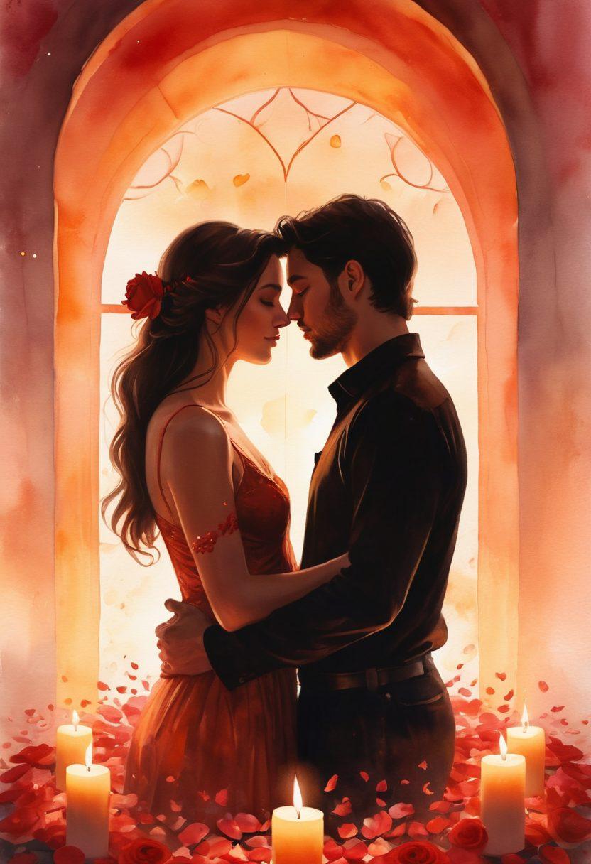 A sensual silhouette of a couple embracing at sunset, surrounded by soft glowing candles and delicate rose petals. The atmosphere is filled with a misty allure, hinting at intimacy and connection. Incorporate warm tones of red and gold to emphasize passion. Illustrate subtle symbols of love, like hearts in the background. watercolor painting. warm colors. dreamy aesthetic.